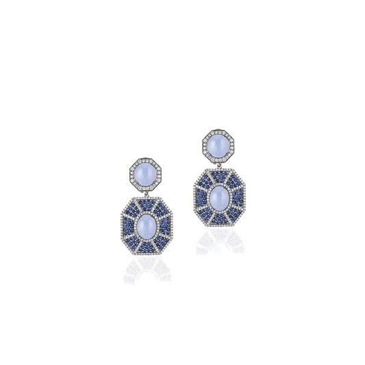 Blue Chalcedony Octagon Earrings with Sapphire, Diamonds and Light Black Rhodium