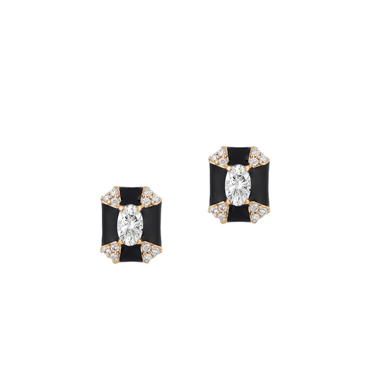 'Queen' Diamond and Black Enamel Stud Earrings