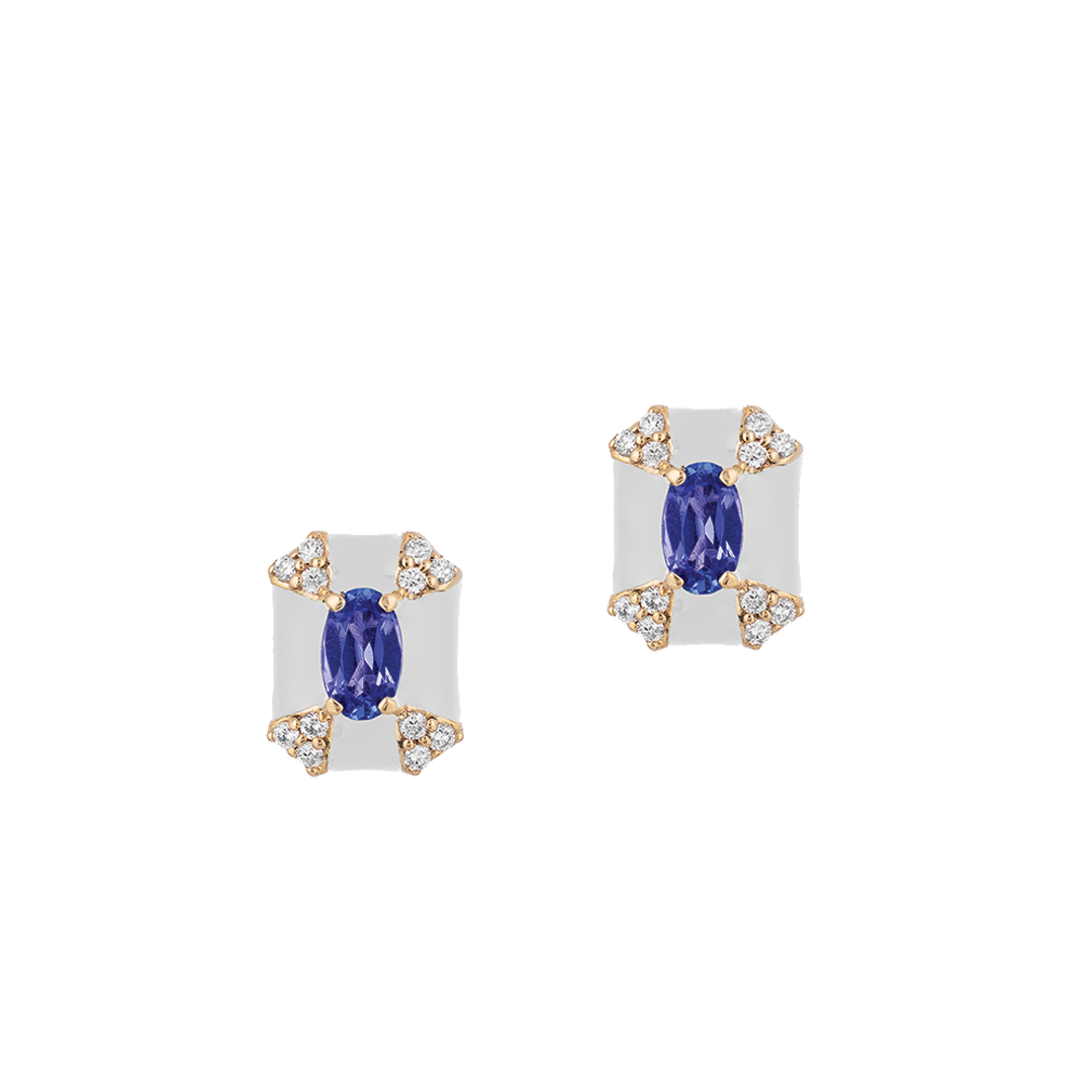 'Queen' Rectangular Stud Earrings with Tanzanite, Diamonds and White Enamel