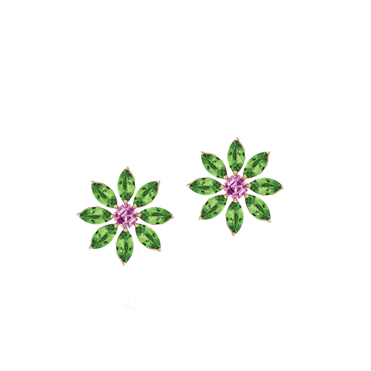 Flower Stud Earrings with Marquise Cut Tsavorites and Pink Sapphire