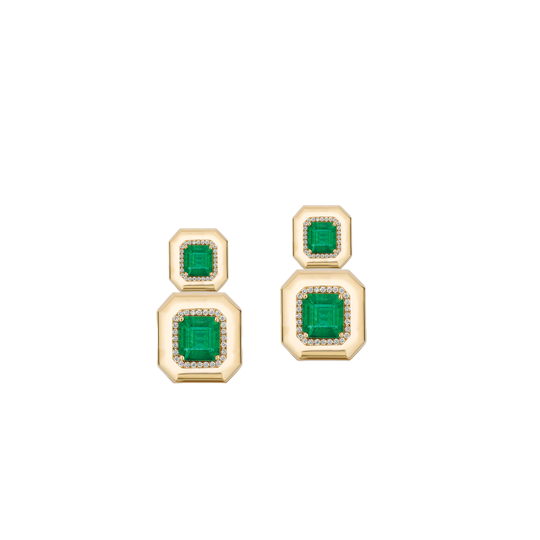 2 Tiered Emerald Cut Earrings with Diamonds