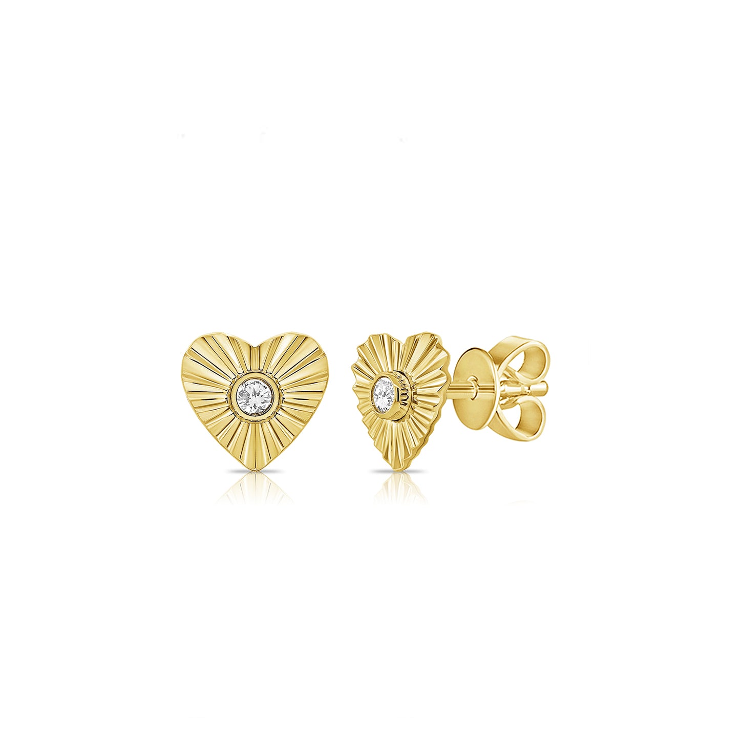 Fluted Heart Stud Earrings with Bezel Set Diamond in Center