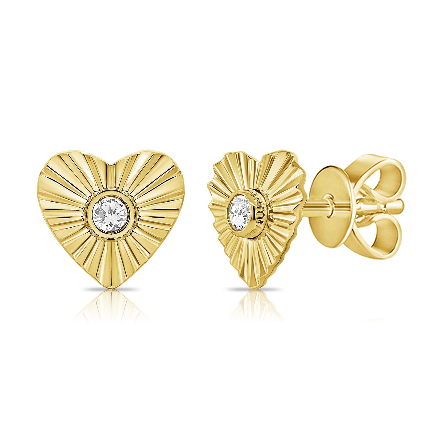 Fluted Heart Stud Earrings with Bezel Set Diamond in Center