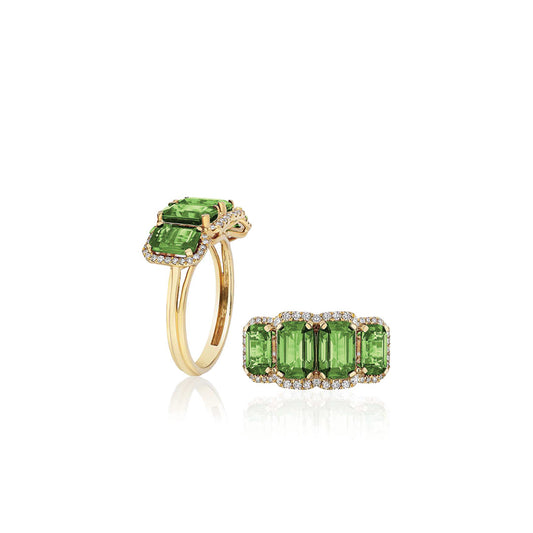 One of a Kind Spinach Tourmaline 4 Stone Ring with Diamonds