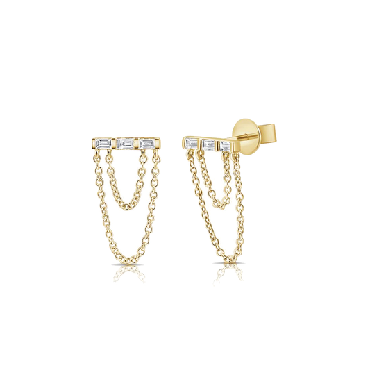 Baguette Diamond Stud Earrings with Double Chain