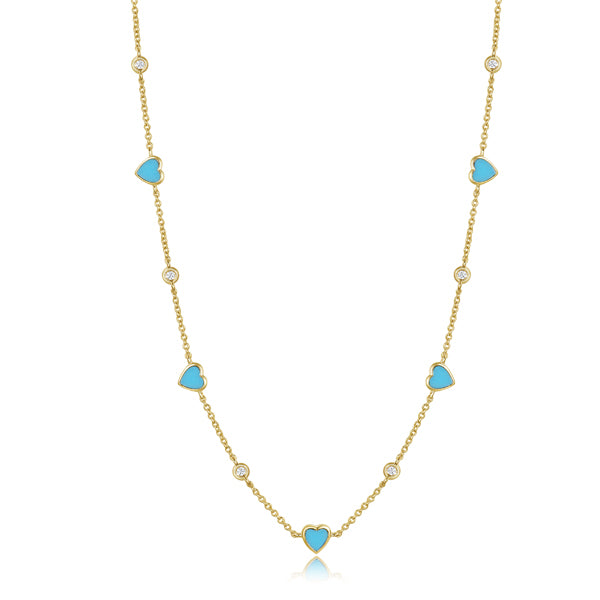 Turquoise & Diamond Heart Station Necklace