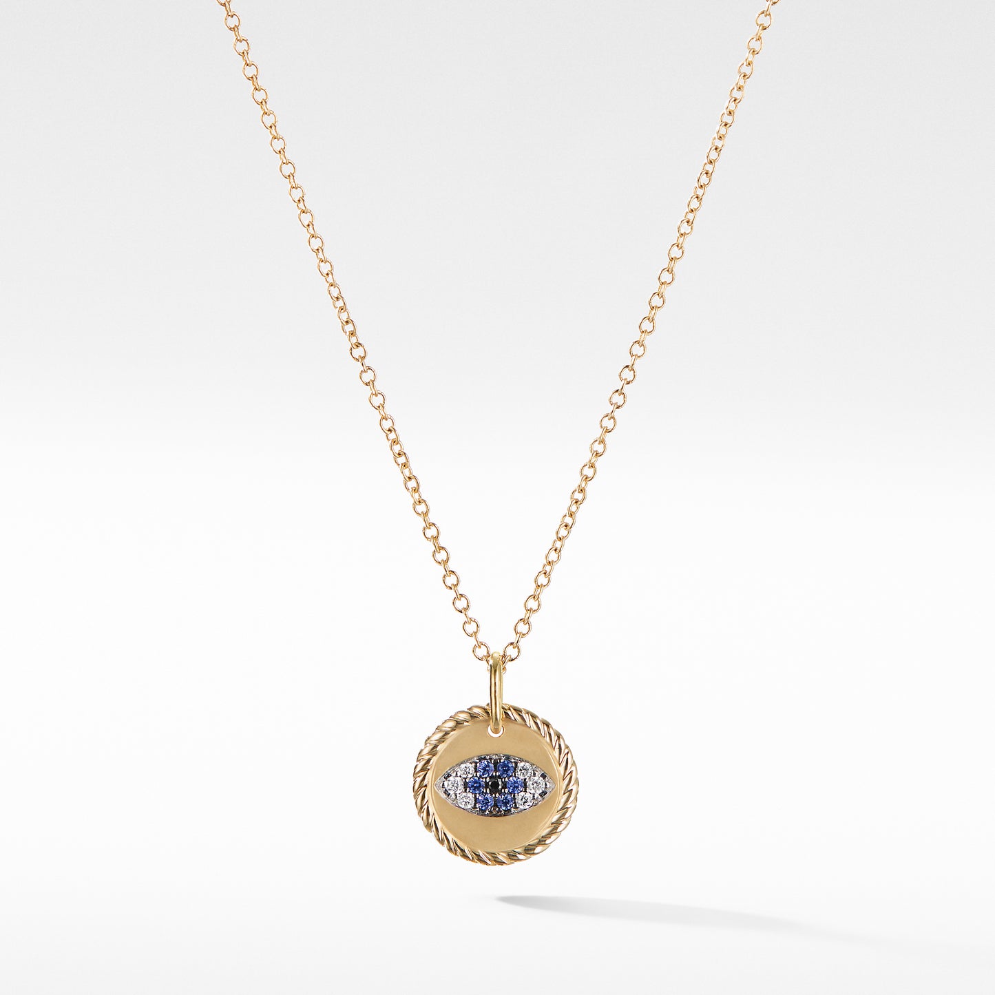 Cable Collectibles Evil Eye Charm Necklace with Blue Sapphire, Black Diamonds, and Diamonds in Gold