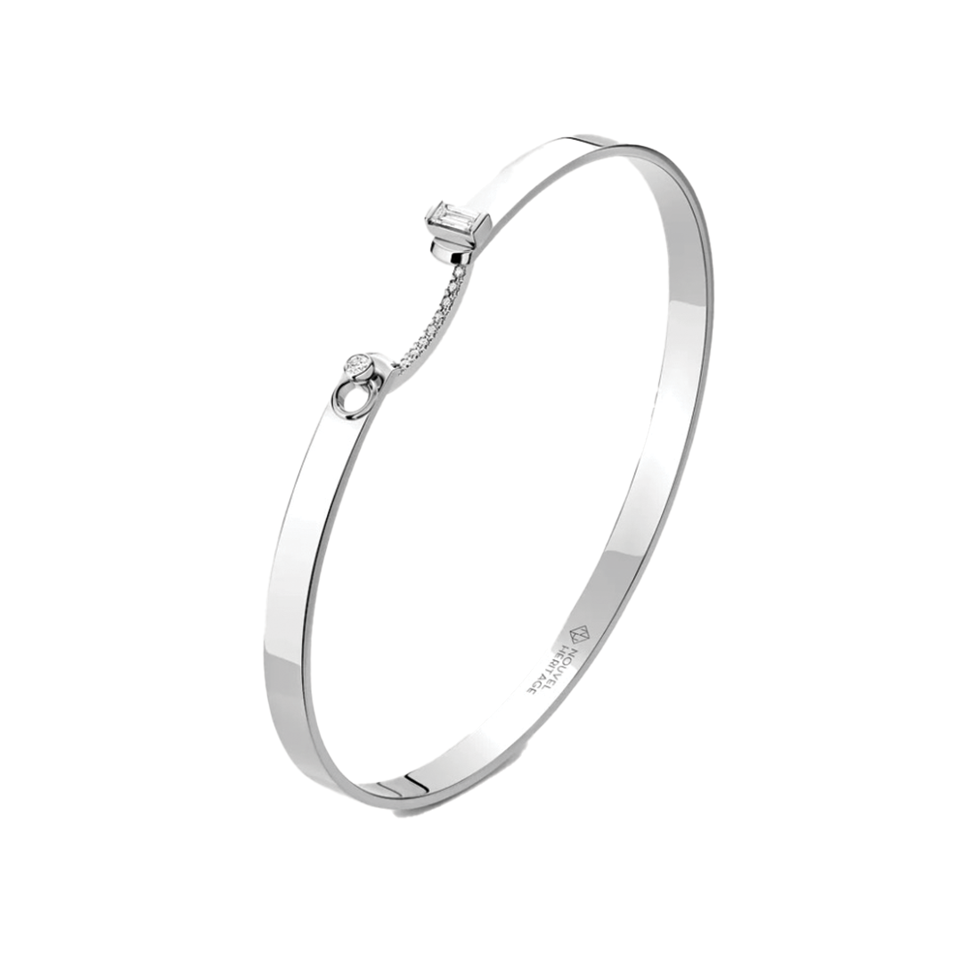 'Dinner Date' 4mm Bangle with Pave Diamonds and Round and Emerald Cut Diamond Ends in White Gold