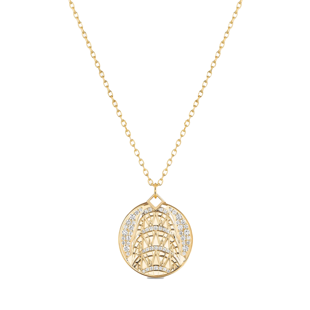 Chrysler Medallion Necklace with Diamond Pave in Yellow Gold