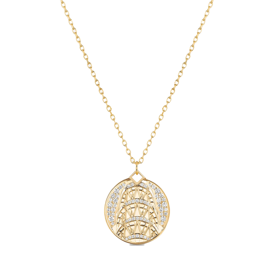 Chrysler Medallion Necklace with Diamond Pave in Yellow Gold