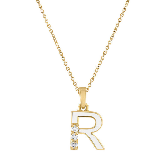 R Initial Pendant with White Enamel