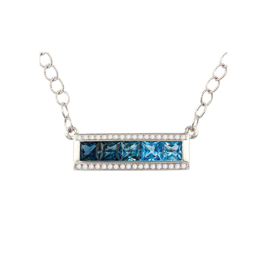 Eternal Love Bar Pendant Necklace with Diamonds and Blue Topaz