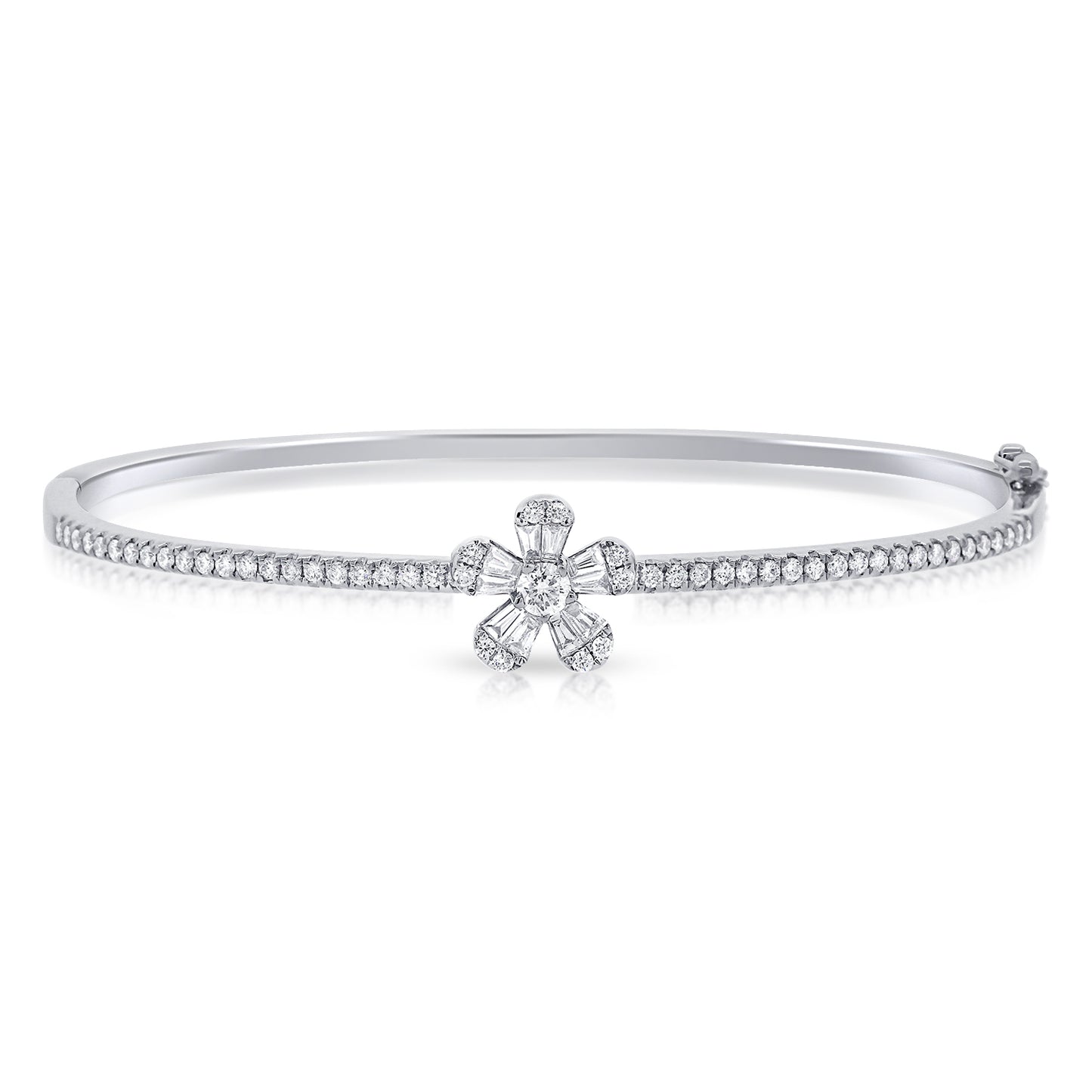 Split Prong Diamond Bangle with Single Flower