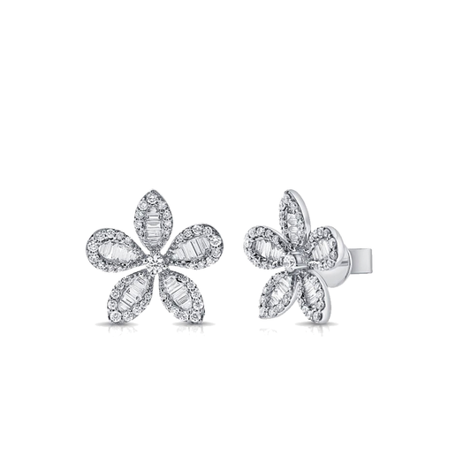 Baguette and Round Brilliant Cut Diamond Floral Studs