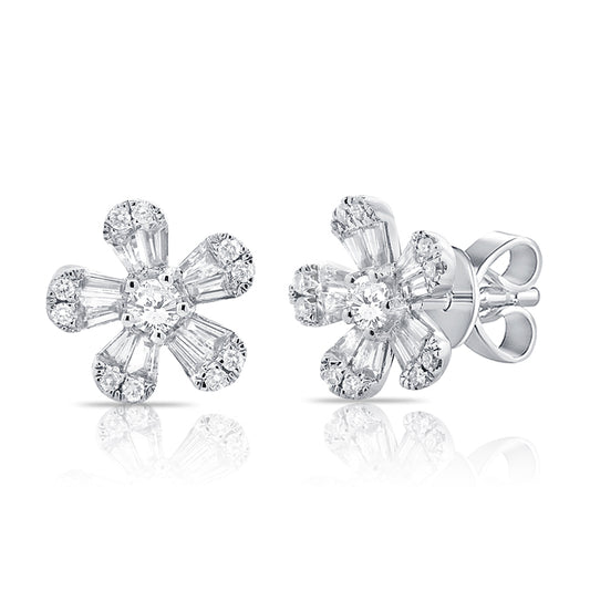 Baguette and Round Brilliant Cut Diamond Flower Studs