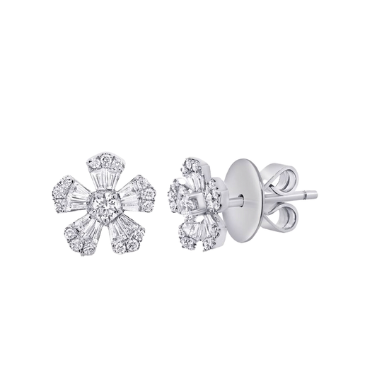 Round and Baguette Diamond Flower Studs in White Gold