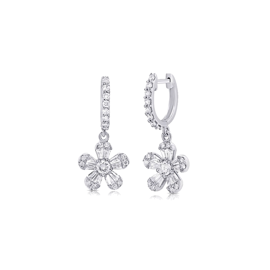 Baguette and Round Brilliant Cut Diamond Floral Charm Earrings