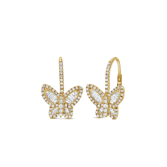 Baguette and Round Brilliant Cut Diamond Butterfly Earrings in Yellow Gold