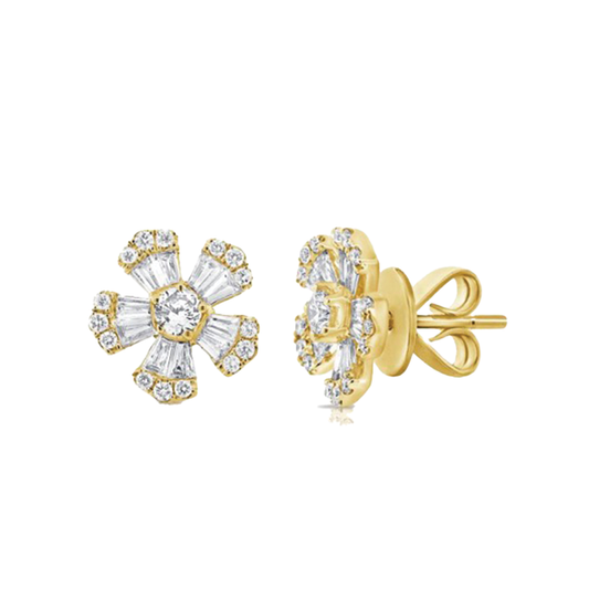 Round & Baguette Flower Studs in White Gold