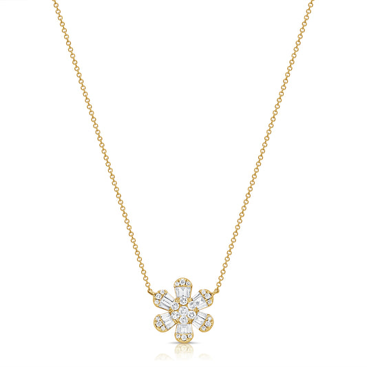 Diamond Flower Pendant Necklace in Yellow Gold