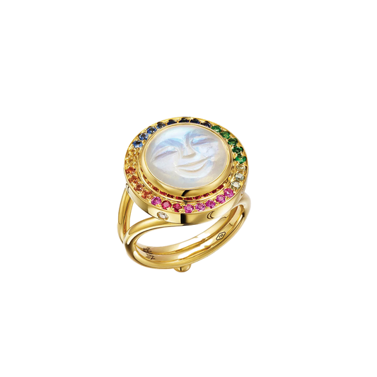 Rainbow Moonface Ring with Multicolor Sapphire, Moonstone, Diamonds and Ruby