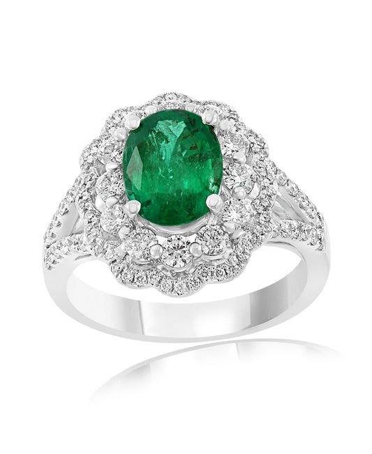 Oval Emerald Ring with Scalloped Diamond Frame