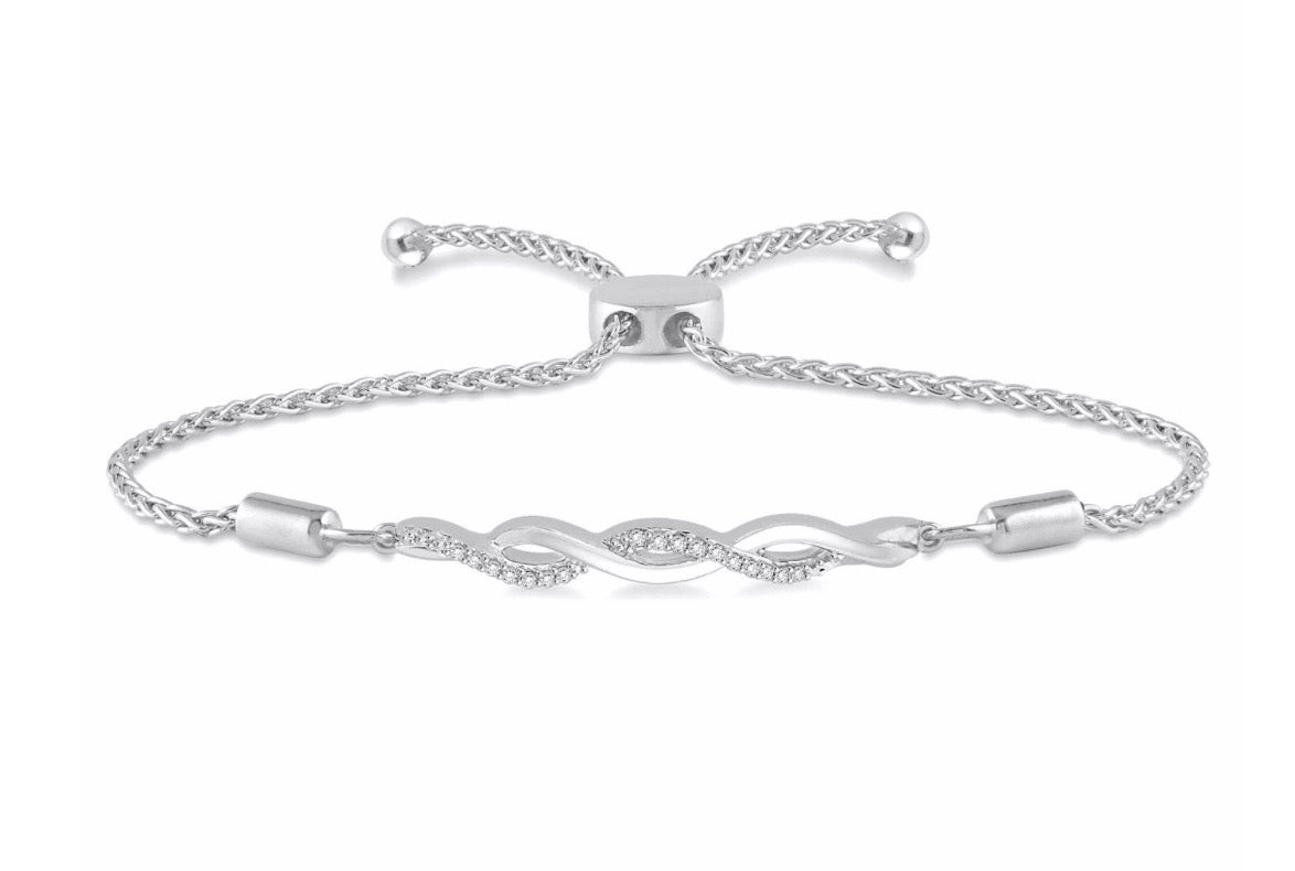 Adjustable Bolo Clasp Swirl Bracelet With Diamonds In Sterling Silver