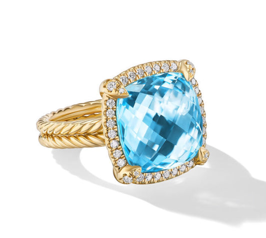 Chatelaine® Pavé Bezel Ring in 18K Yellow Gold with Blue Topaz and Diamonds, 14mm