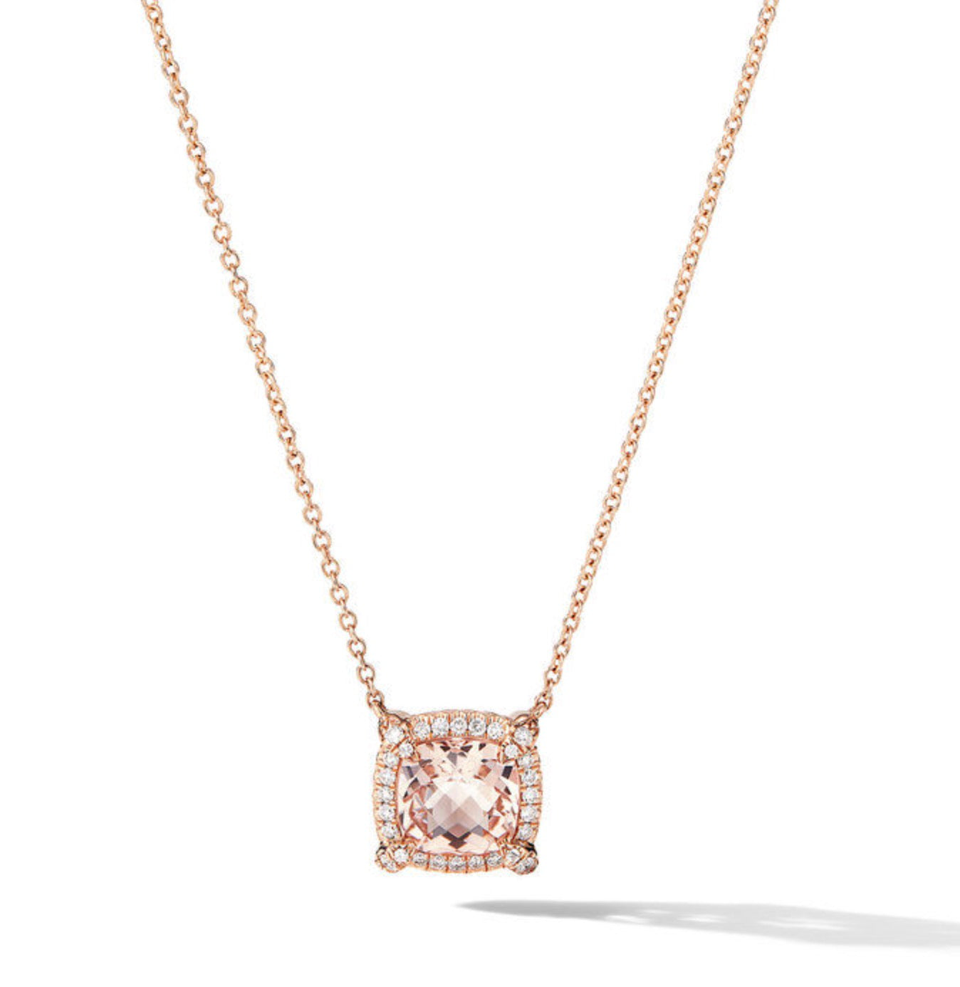 Petite Chatelaine® Pavé Bezel Pendant Necklace in 18K Rose Gold with Morganite and Diamonds, 7mm