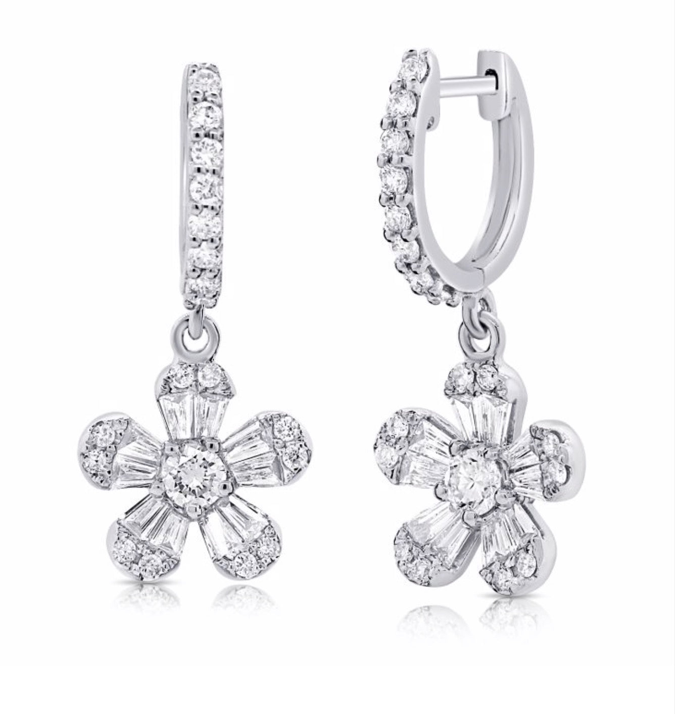 Baguette and Round Brilliant Cut Diamond Floral Charm Earrings