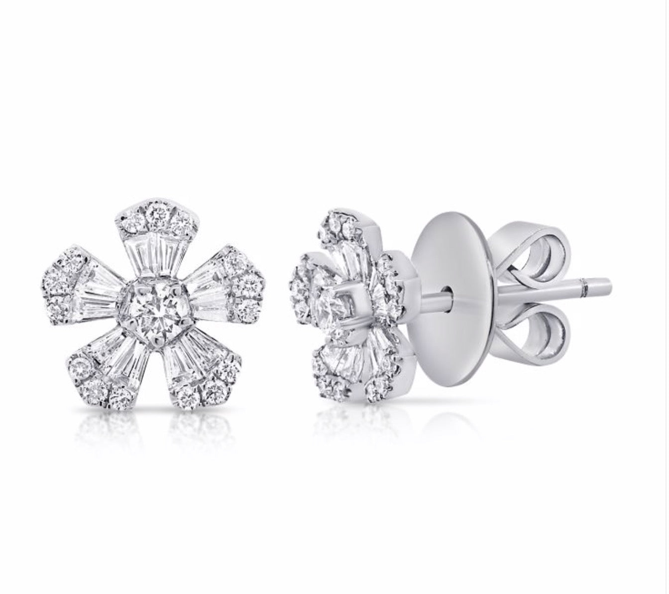 Round and Baguette Diamond Flower Studs in White Gold