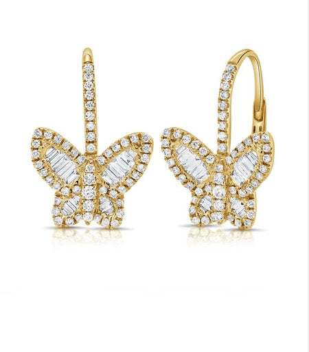 Baguette and Round Brilliant Cut Diamond Butterfly Earrings in Yellow Gold