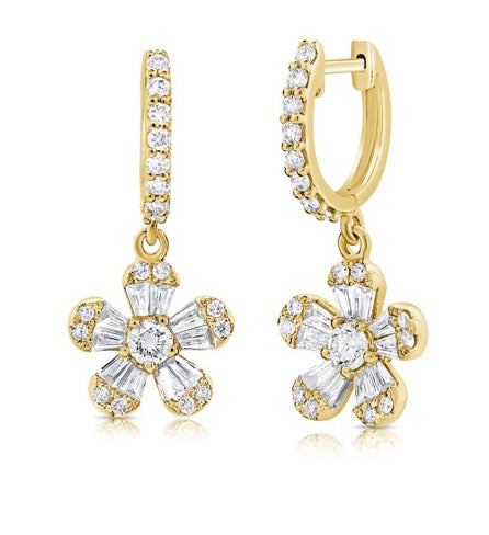 Round Brilliant Cut and Baguette Cut Diamond Floral Charm Earrings