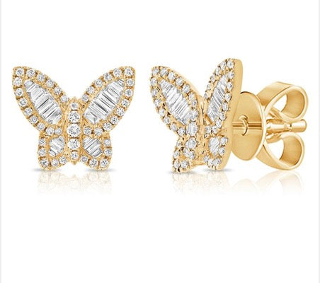 Baguette and Round Brilliant Cut Diamond Butterfly Stud Earrings