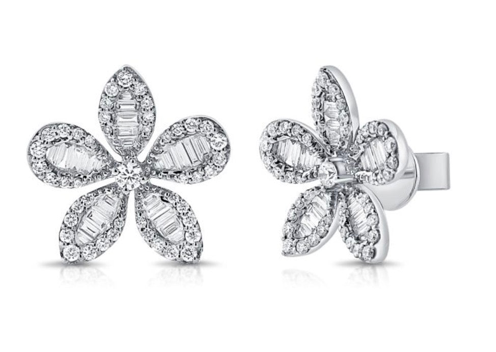 Baguette and Round Brilliant Cut Diamond Floral Studs