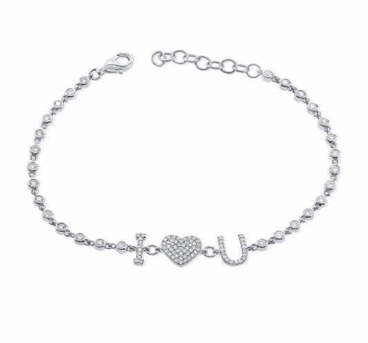 "I Heart U" Bezel Set Diamond Bracelet in White Gold