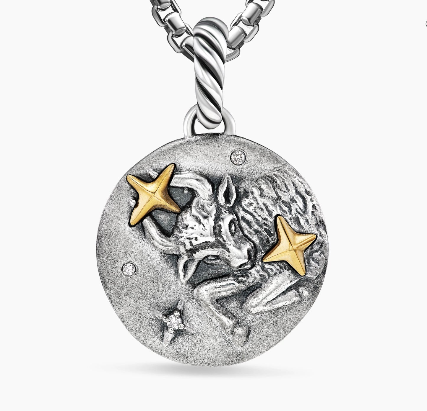 Taurus Amulet in Sterling Silver with 18K Yellow Gold and Diamonds, 19mm