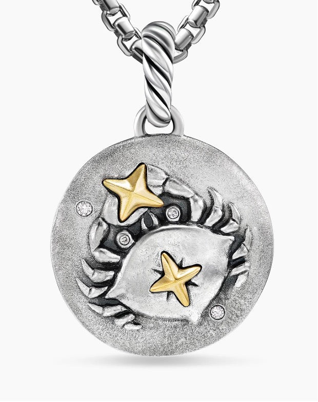 Cancer Amulet in Sterling Silver with 18K Yellow Gold and Diamonds, 19mm DESCRIPTION