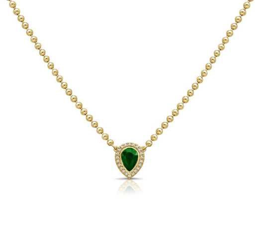 Emerald and Diamond Pear Shaped Pendant Necklace with Beaded Chain