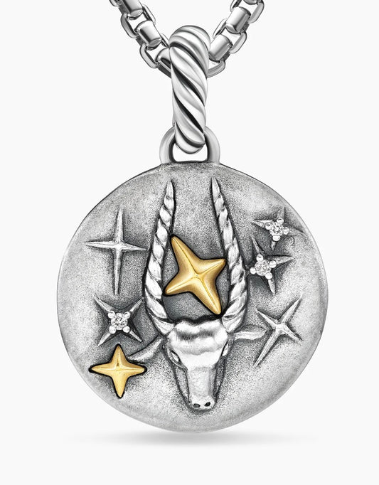 Capricorn Amulet in Sterling Silver with 18K Yellow Gold and Diamonds, 19mm