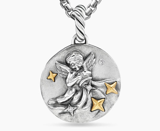 Aquarius Amulet in Sterling Silver with 18K Yellow Gold and Diamonds, 19mm