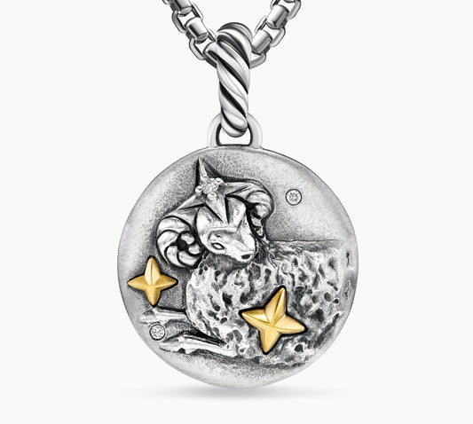 Aries Amulet in Sterling Silver with 18K Yellow Gold and Diamonds, 19mm