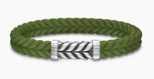 Chevron Bracelet in Green Rubber with Sterling Silver, 9mm