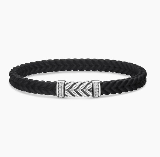 Chevron Bracelet in Black Rubber with Diamonds and Sterling Silver, 6mm