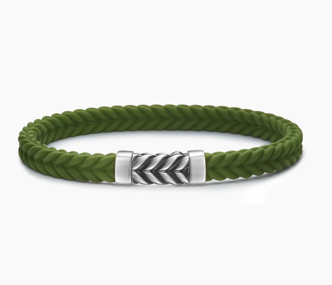 Chevron Bracelet in Green Rubber with Sterling Silver, 6mm