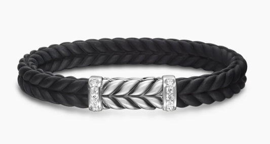 Chevron Bracelet in Black Rubber with Diamonds and Sterling Silver, 9mm