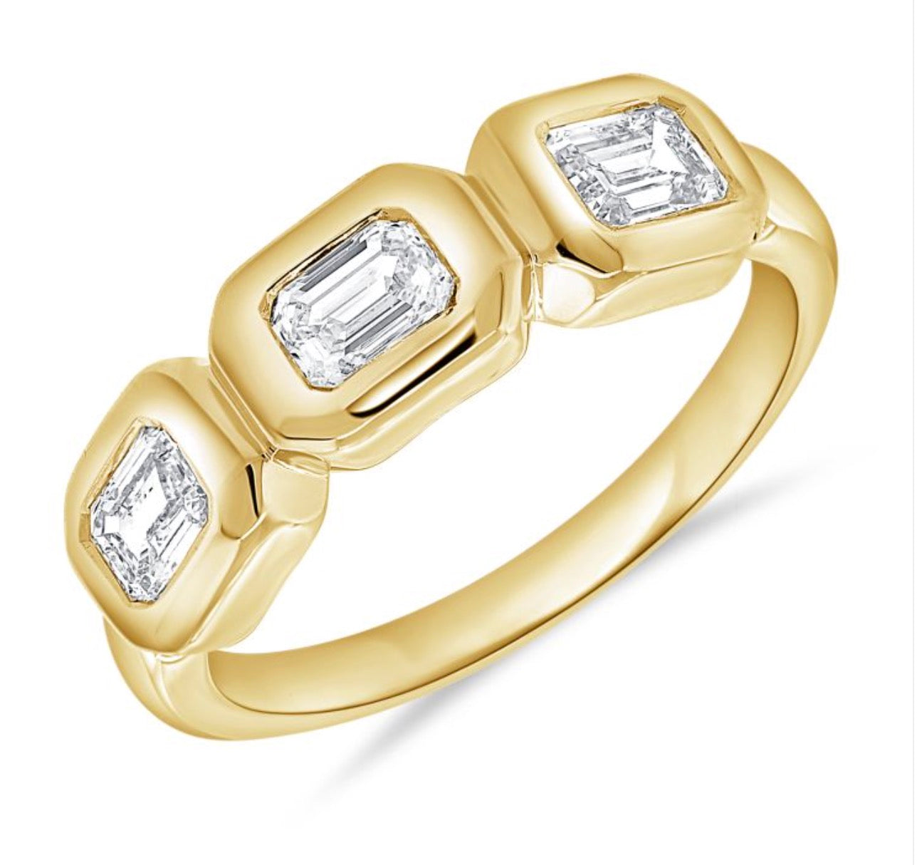 Three Stone Emerald Cut Bezel Set Diamond Ring