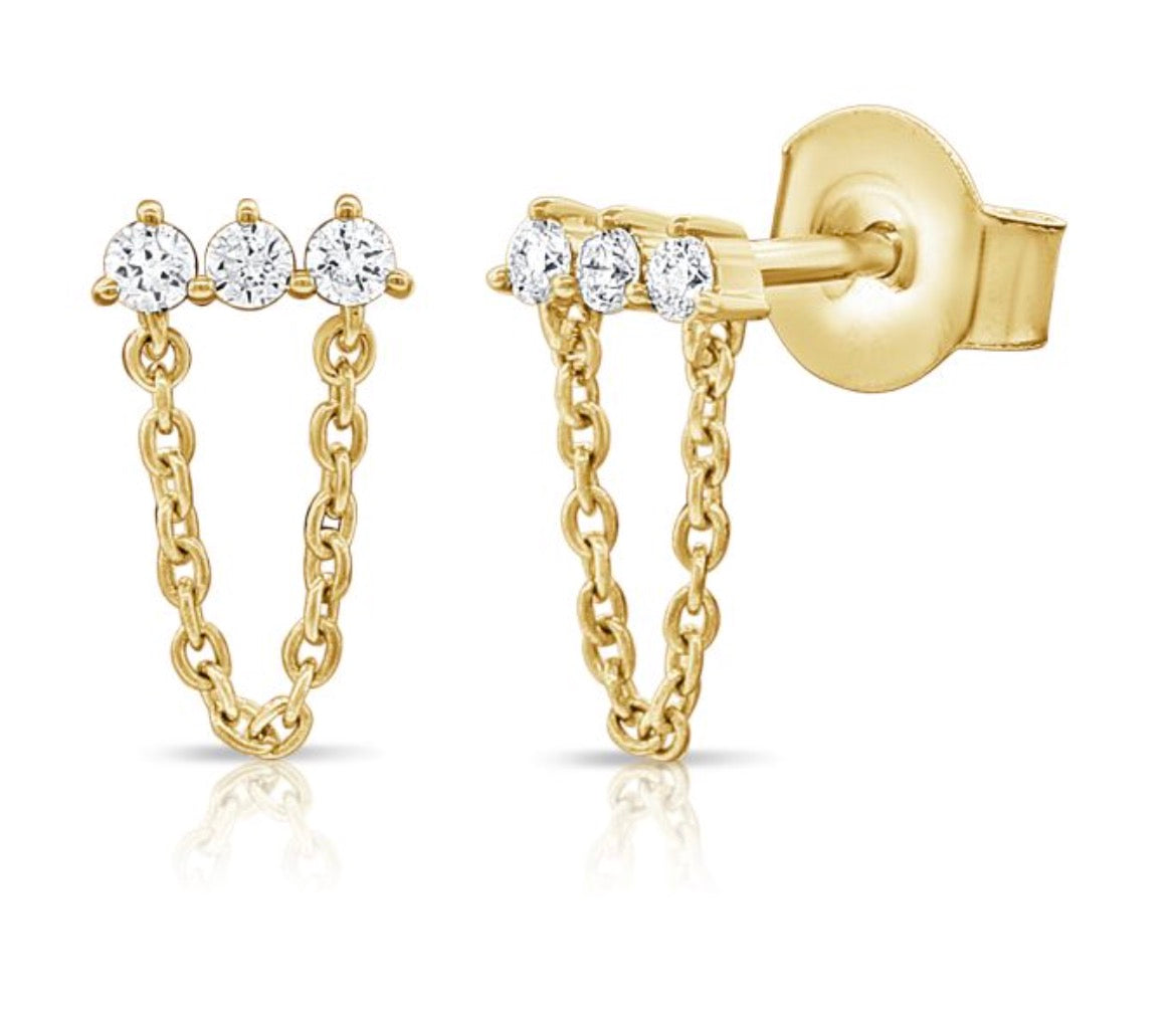 Three Diamond Bar Post Earrings with Drop Chain