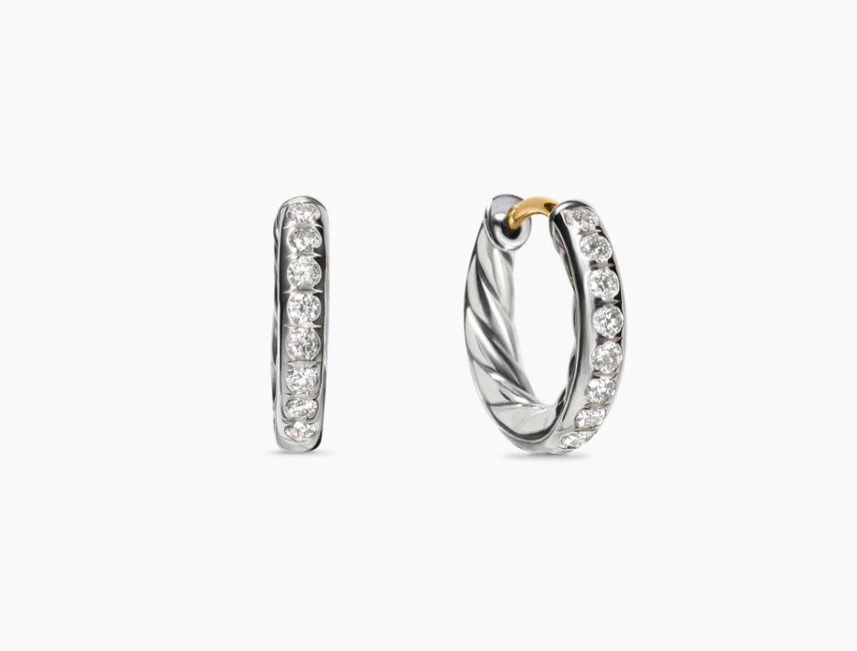 Sculpted Cable Huggie Hoop Earrings in Sterling Silver with Diamonds, 13mm