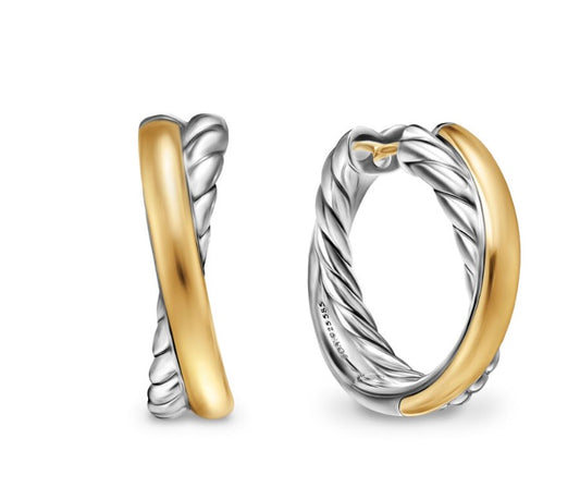 Crossover Hoop Earrings in Sterling Silver with 14K Yellow Gold, 22.4mm